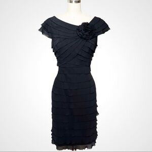 London Times Black Chiffon Tiered Layered Sheath Dress Small